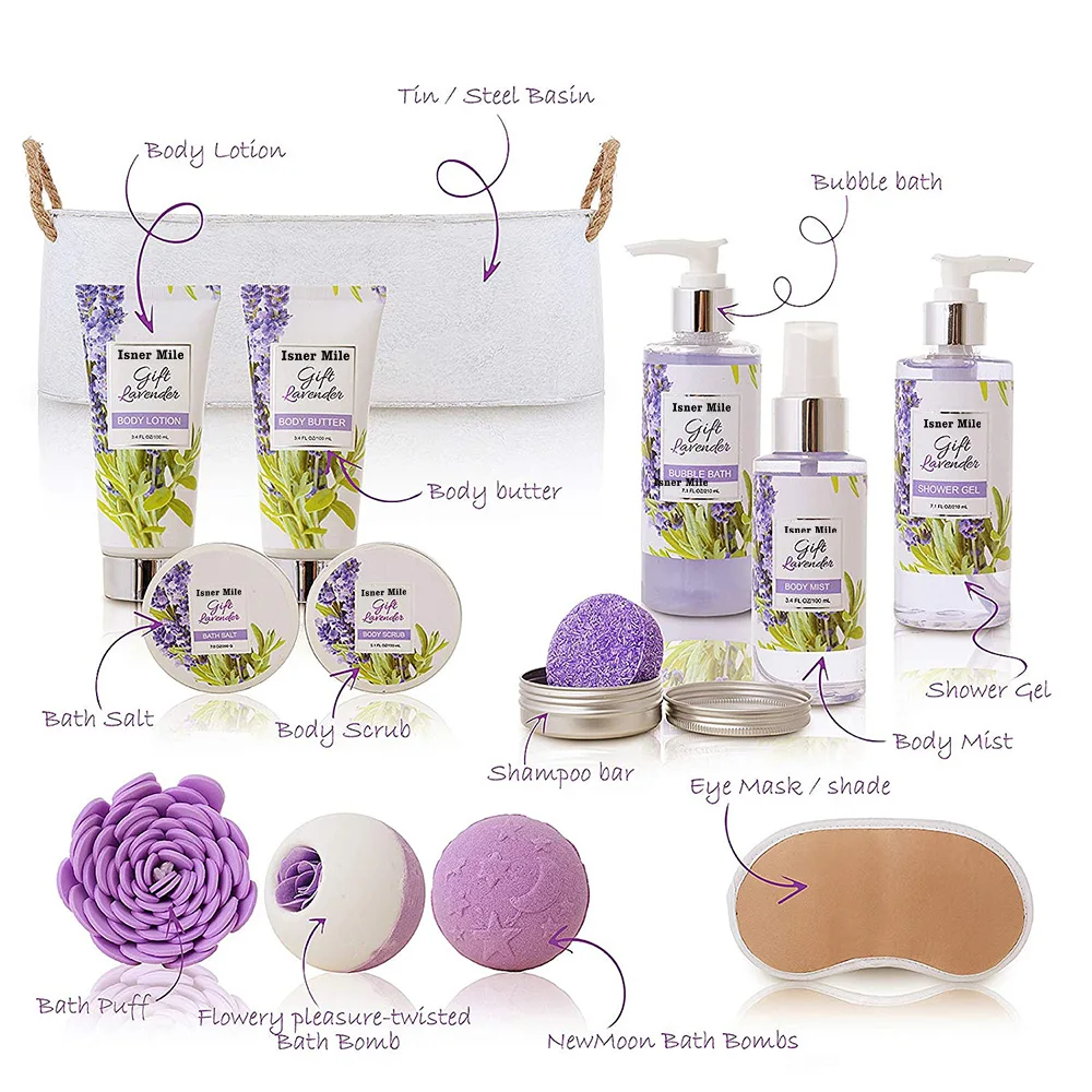 Spa Gift Baskets Lavender Bath and Body with Bath Bombs Shampoo Bar Eye Mask Shower Gel Bubble Bath Salts Body Scrub Lotion