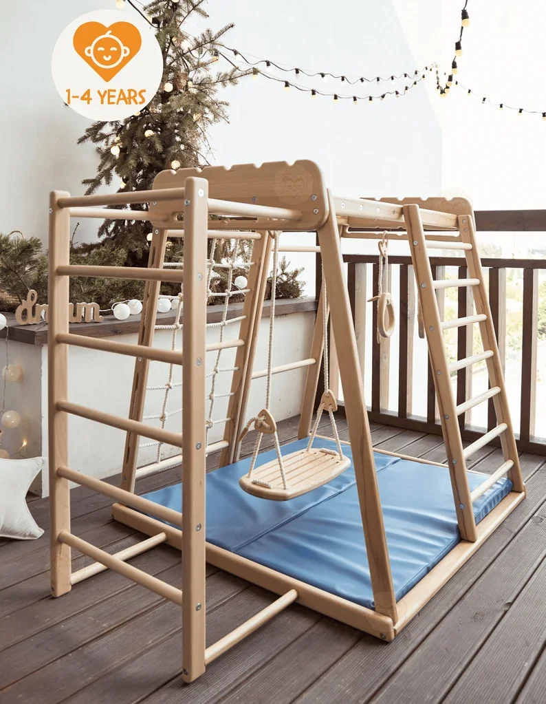 Wooden Gym Play Rocking Ramp Climbing Rope Monkey Bars Gymnastic rings Kids Swing Play Mat