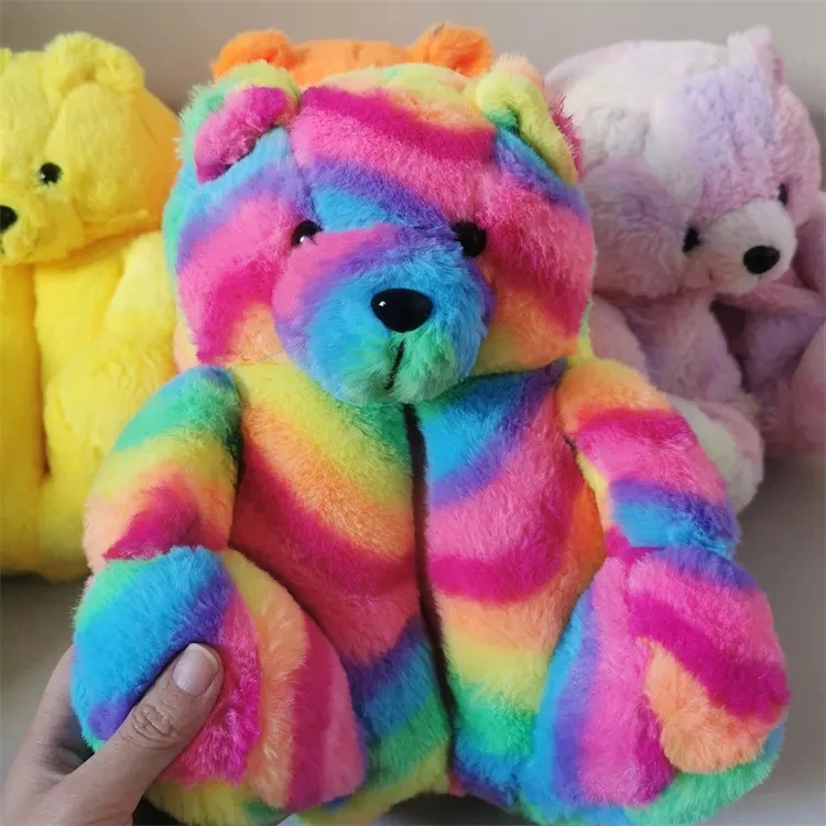 Non-Slip Indoor Animal Teddy Bear Slippers Black Pink Red White Women Slides  Cute Furry Teddy Bear Slippers Plush