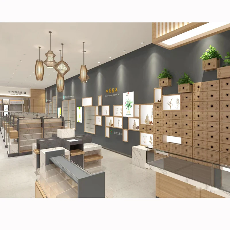 New Chinese Style Pharmacy Pharmacy Interior Decoration Design Customized Modern Cash Register Display Rack Furniture Matching