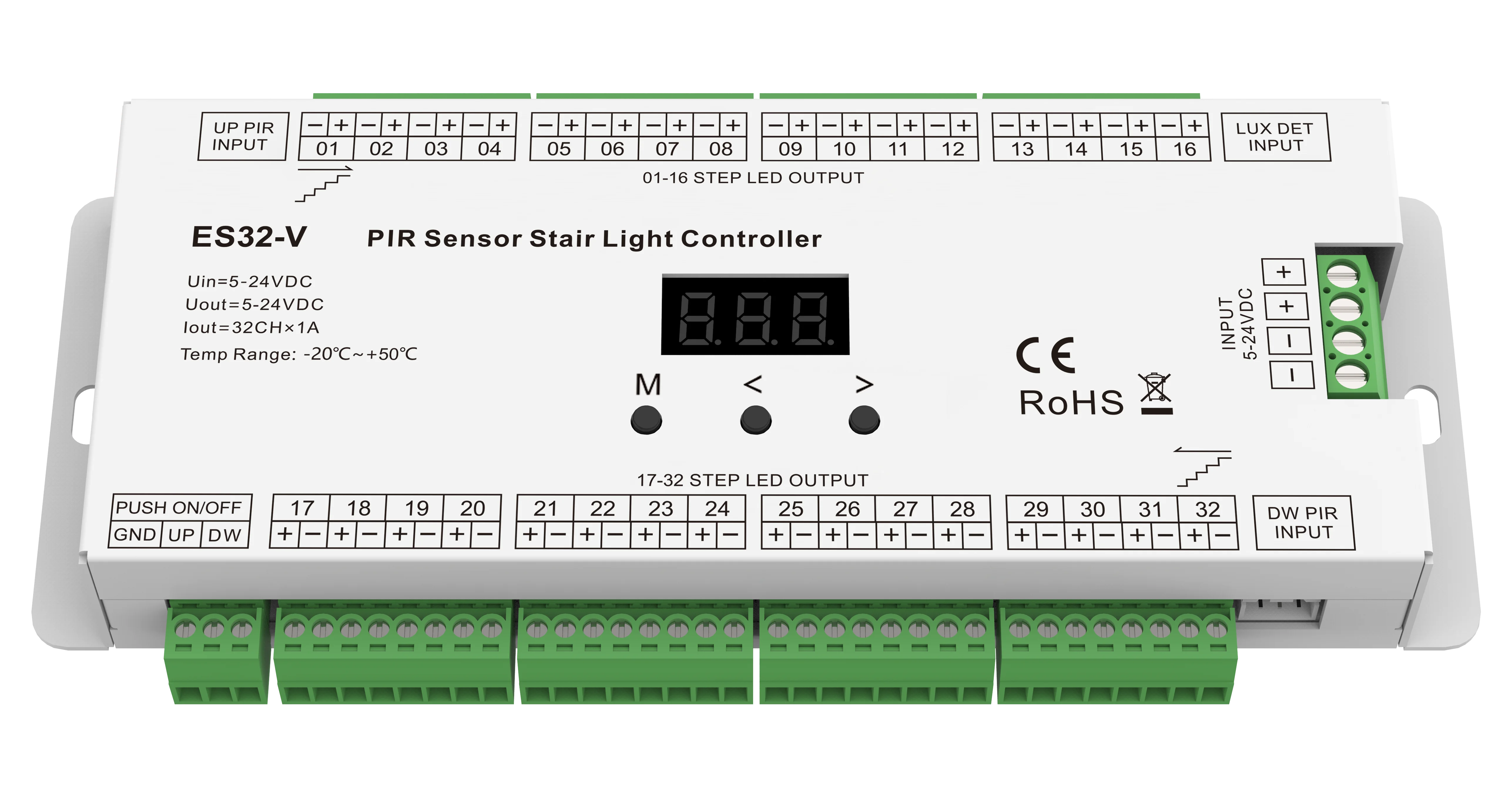 ES32-V 5-24VDC 32CH*1A  push switch  32 step constant voltage output OLED screen  PIR Sensor Stair Light Controller