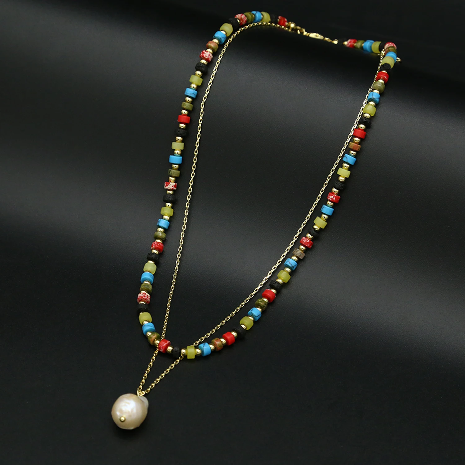 Real gold Plated Dainty Necklace Custom Multi Tassel Necklace Set Jewelry Bohemian Women Red Green Beads Necklace