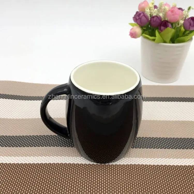 China factory manufacturing 11oz black glaze ceramic big belly bucket shape mug for daily using
