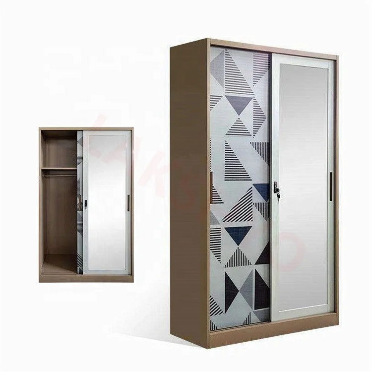 Stainless Steel 2-Door Wardrobe with Sliding Metal Doors Home Furniture Flower Print Storage Cabinet or Lemari Besi