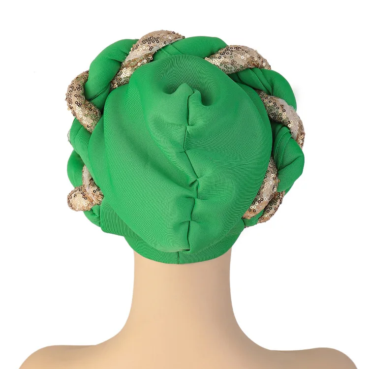 GEERDENG Hot Sales African Nigerian Female Popular Golden Head Wrap Beads Hat Muslim Women Satin Silk Twist Braid Hair Turban
