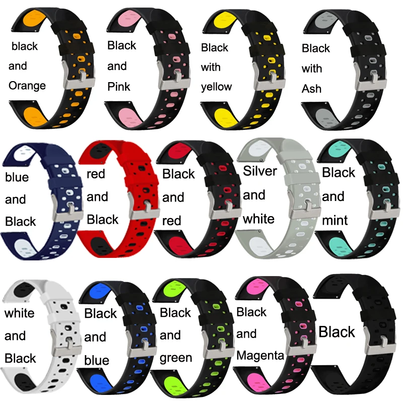 Double color 20mm   watch band with silver buckle for garmin Forerunner 245/Samsung galaxy Active2 Silicone Watch Strap