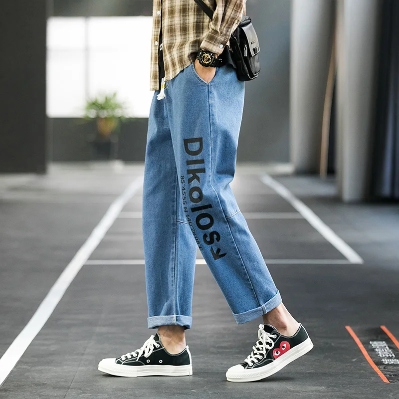 
2020 Custom LOGO stylish denim jeans blue loose cotton straight men pants 