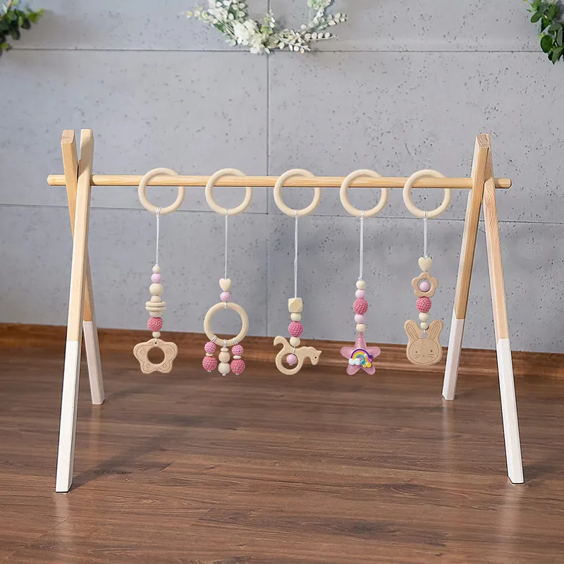 Baby Play Gym Frame Wooden Beech Activity Gym Frame Stroller Hanging Pendants Toys Teether Ring Nursing Rattle Toys Room Decor