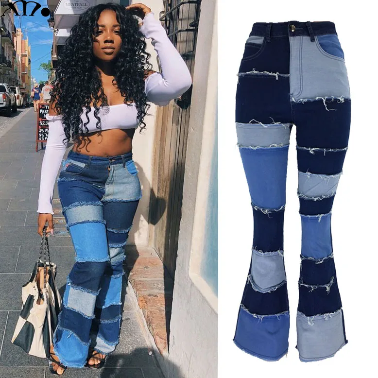 XM*2080412 Ladies Plus Size Bell Bottom Jeans Patchwork High Waist pants jeans for women high waist denim women jeans