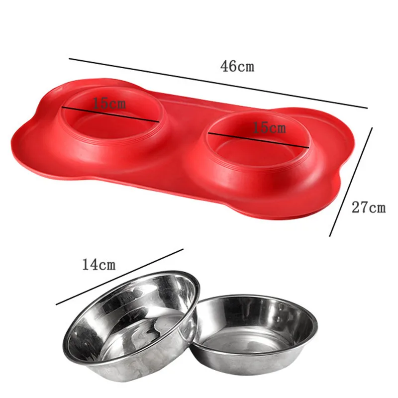 Silicone Mat Dog Feeder Travel Pet Bowl Stainless Steel Double Dog Feeding Food Bowl