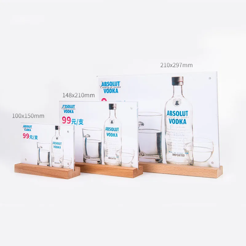 Horizontal T-shaped table card inserted into acrylic PS wooden shop advertising sign wooden display stand