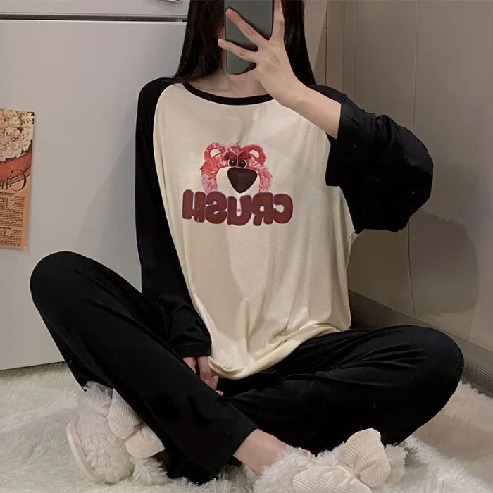 Autumn and Winter Cute Strawberry Bear Long Sleeve Pants Pajamas Cartoon Round Neck Loose Casual Sweet Live Home Clothes