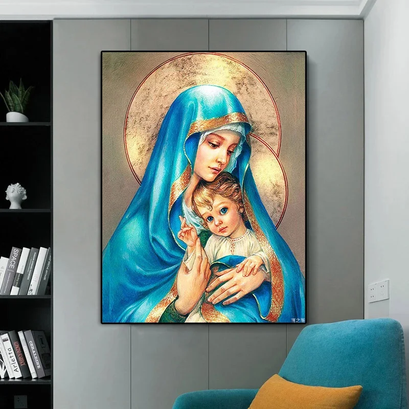 Vintage Religion Virgin Mary Baby Jesus Nordic Poster Wall Pictures For Living Room Home Decor Wall Art Canvas Painting Framed