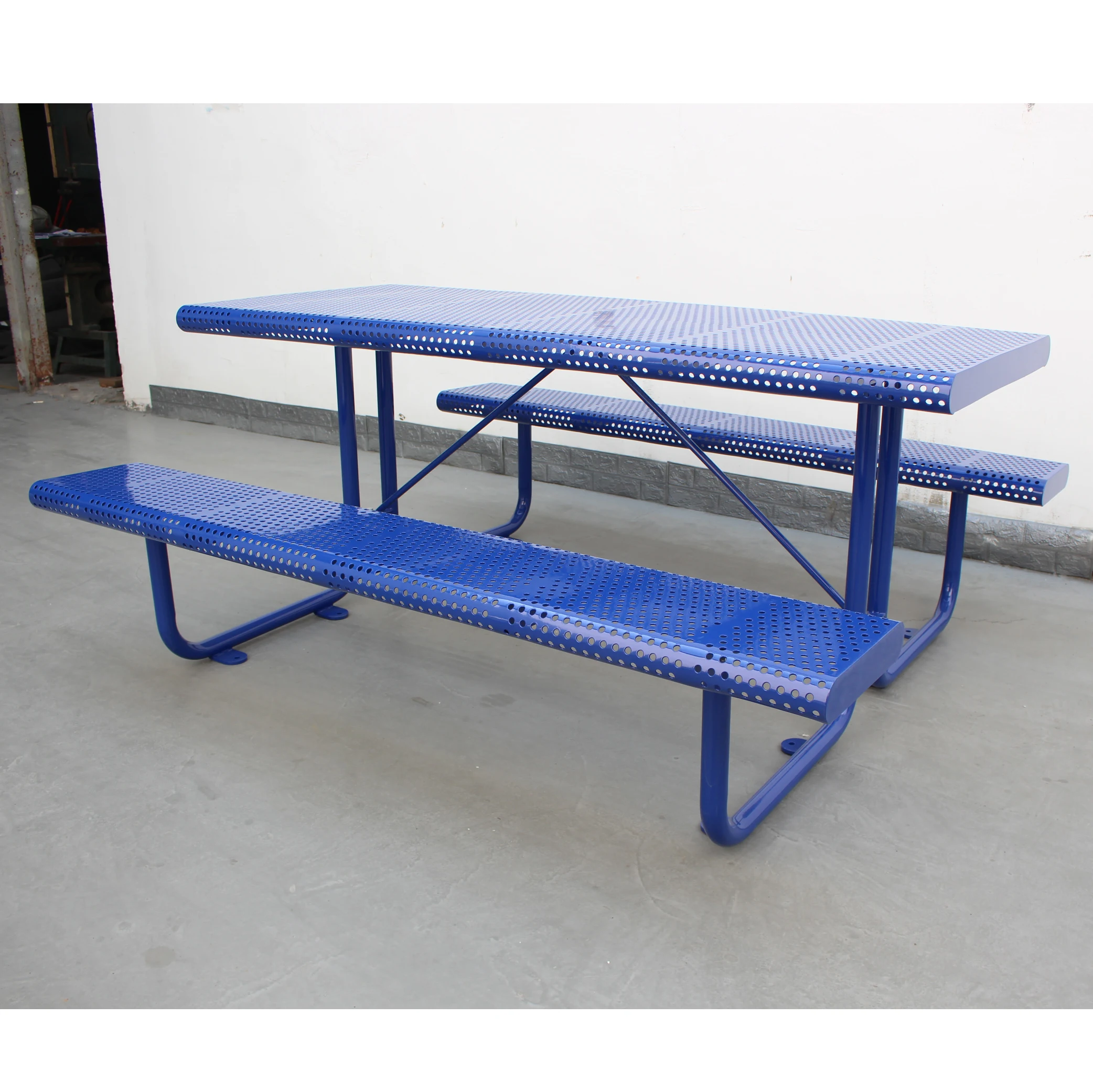 Perforated metal commercial outdoor table and bench set steel picnic table for public space