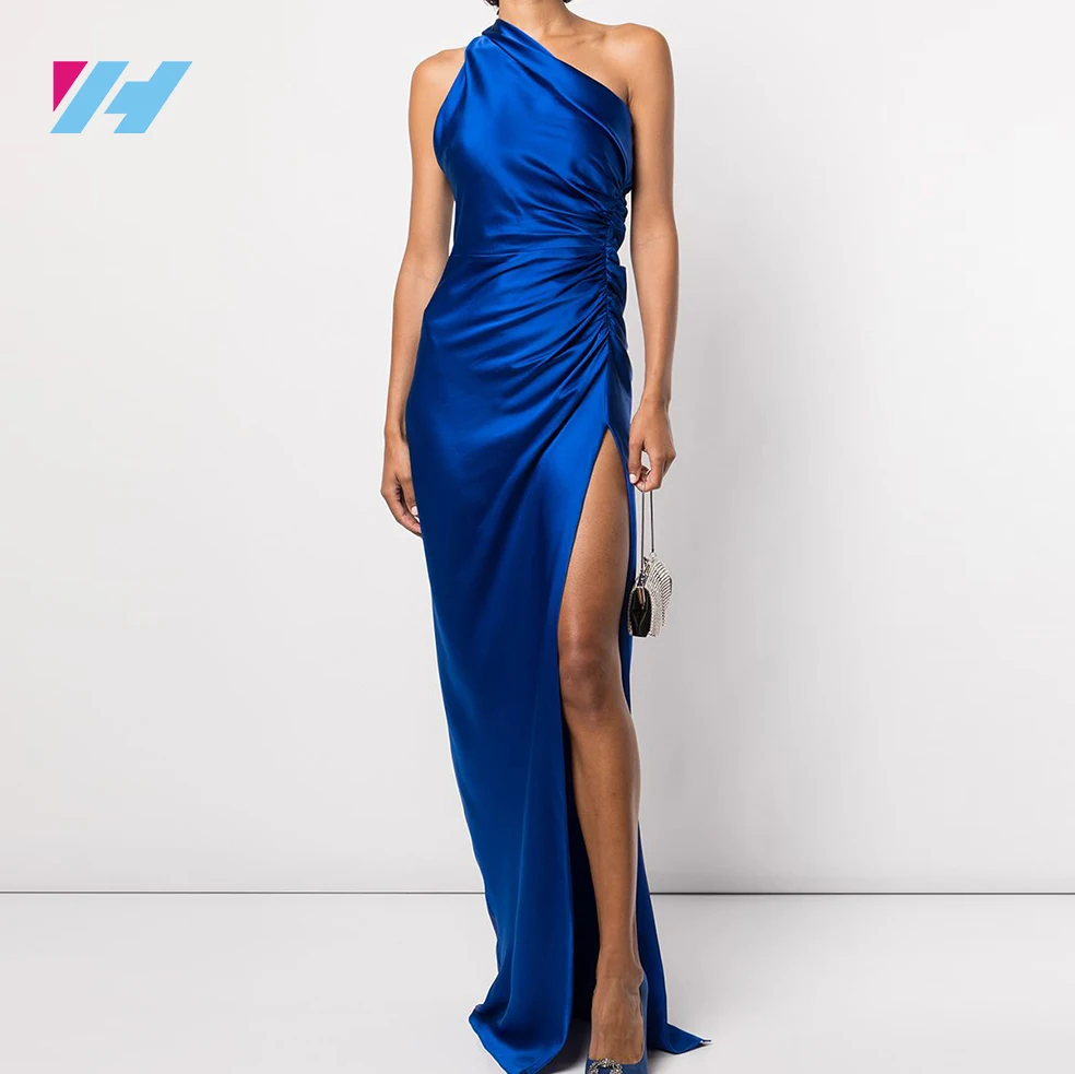 High Waist Women Elegant Evening Dress One Shoulder Long Maxi Slit Silk Satin Dresses