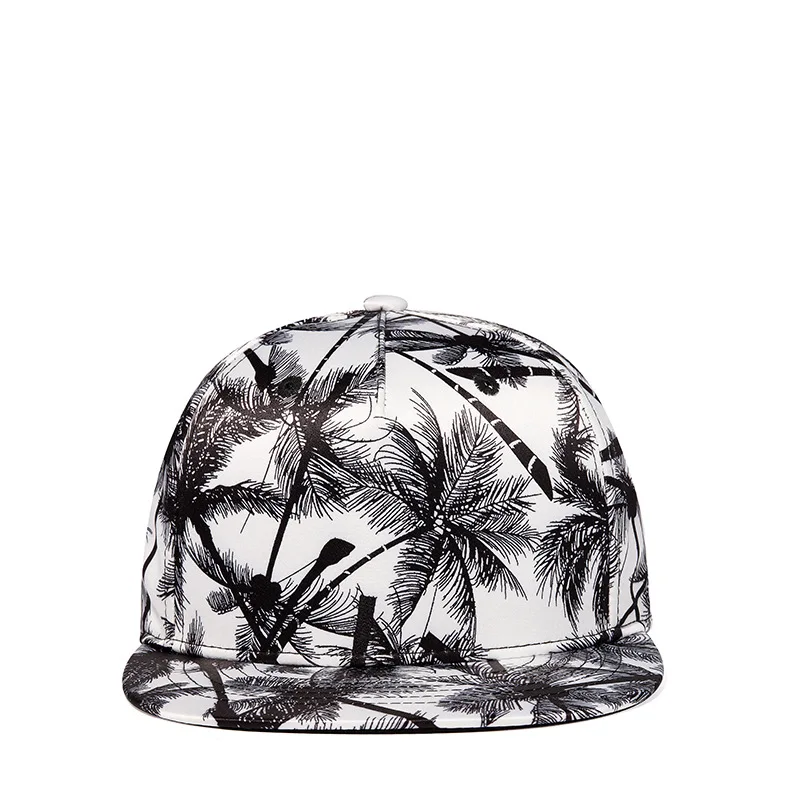 Flat Brim Palm Tree Print Fashion Snapback Cap 6 Panel Polyester Hip Hop Hat