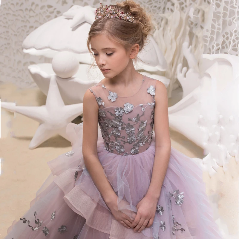 Boutique Wholesale Kids Evening Gown Girls Dress Wedding Party Long Gowns Baby Purple Dressing Tulle Princess Dresses