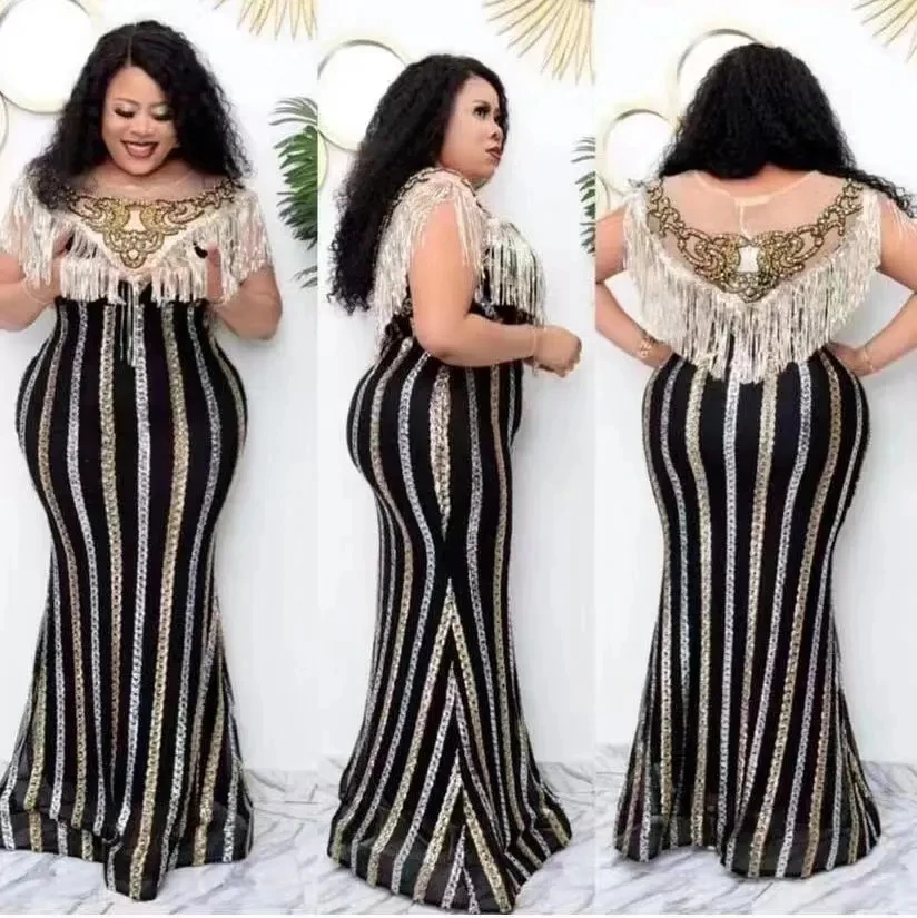 Plus Size High Waist African Sequins V-neck Maxi Dress for Women Elegant Lady Evening Party Dresses Sexy Female Bodycon Gown