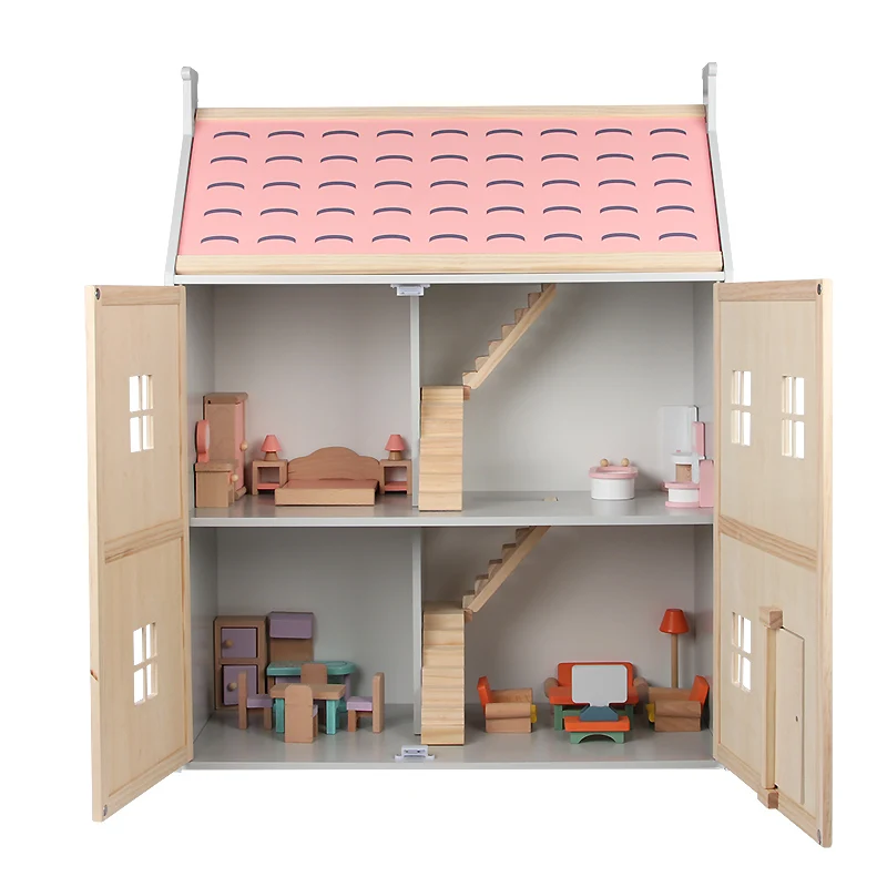 Wooden Doll House DIY Simulation Furniture Role Play Game Pretend Villa Set Inside House For Kids Baby Children