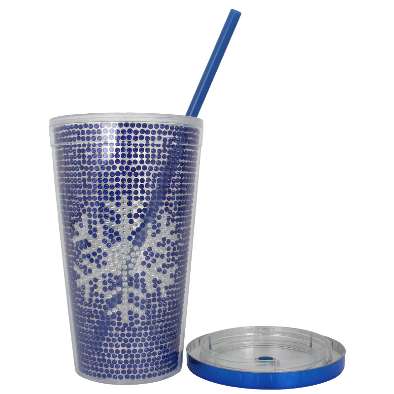 Food grade wholesale promotional custom christmas insert 24oz double wall plastic drinking glitter tumbler cups with straw