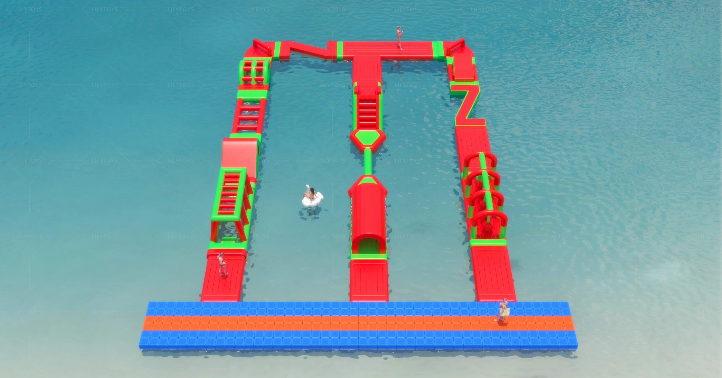 Inflatable Water Obstacle Course for Kids and Adults Featuring Floating Water Trampolines and Sport Games