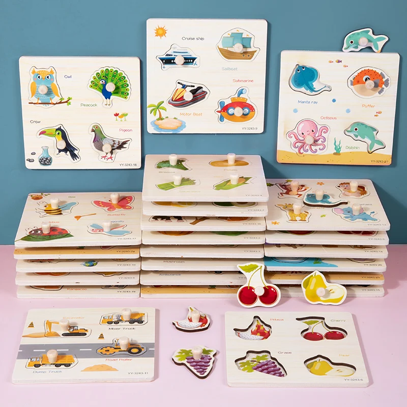 Simple Small Wooden Peg Puzzle Cartoon Animal Shape Early Educational Matching Puzzle Toys Learning Hand Grab Board Puzzle