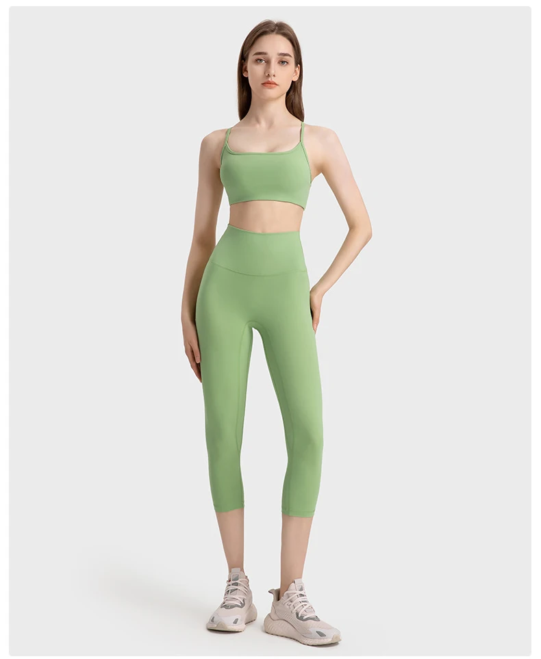 strap cross back nylon elastic fitness bras top legging without T line 3/4 fitness pants 2 pieces gym set women workout clothes