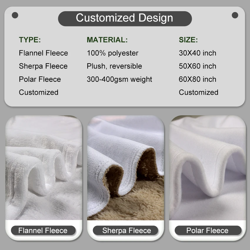 Wholesale Personalized White Super Soft Polyester Sublimation Custom Flannel Photo Logo Printed White Throw Fleece Blanket