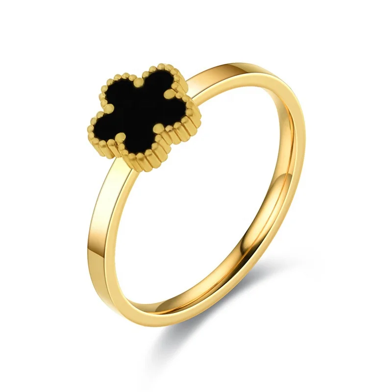 Dubai Plated 18K Gold Jewelry Exquisite Heart 4 Four Clover Flower Ring Black White Shell Stainless Steel Fashion Ring Women