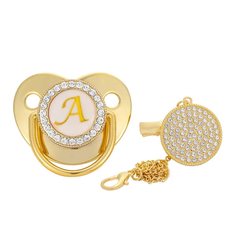 Custom High Quality 26 Letters Diamond Bling Gold  Bpa Free Food Grade Silicone Infant Nipple Pacifier