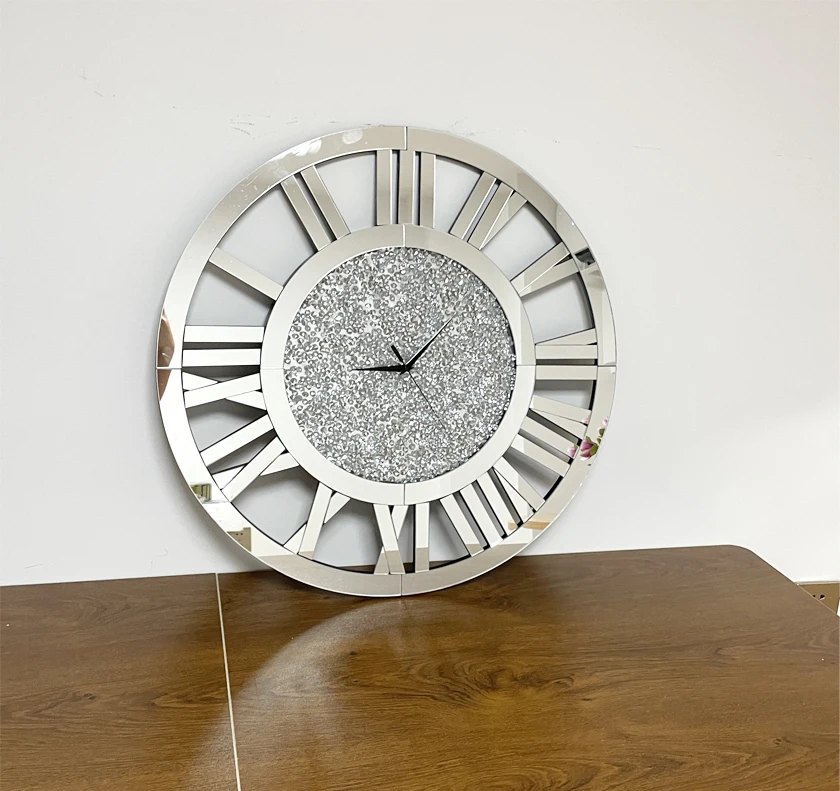 Round Mirror Clock Crystal Sparkle Twinkle Bling Crushed Diamond Mirrored Wall Clock For Wall Decoration
