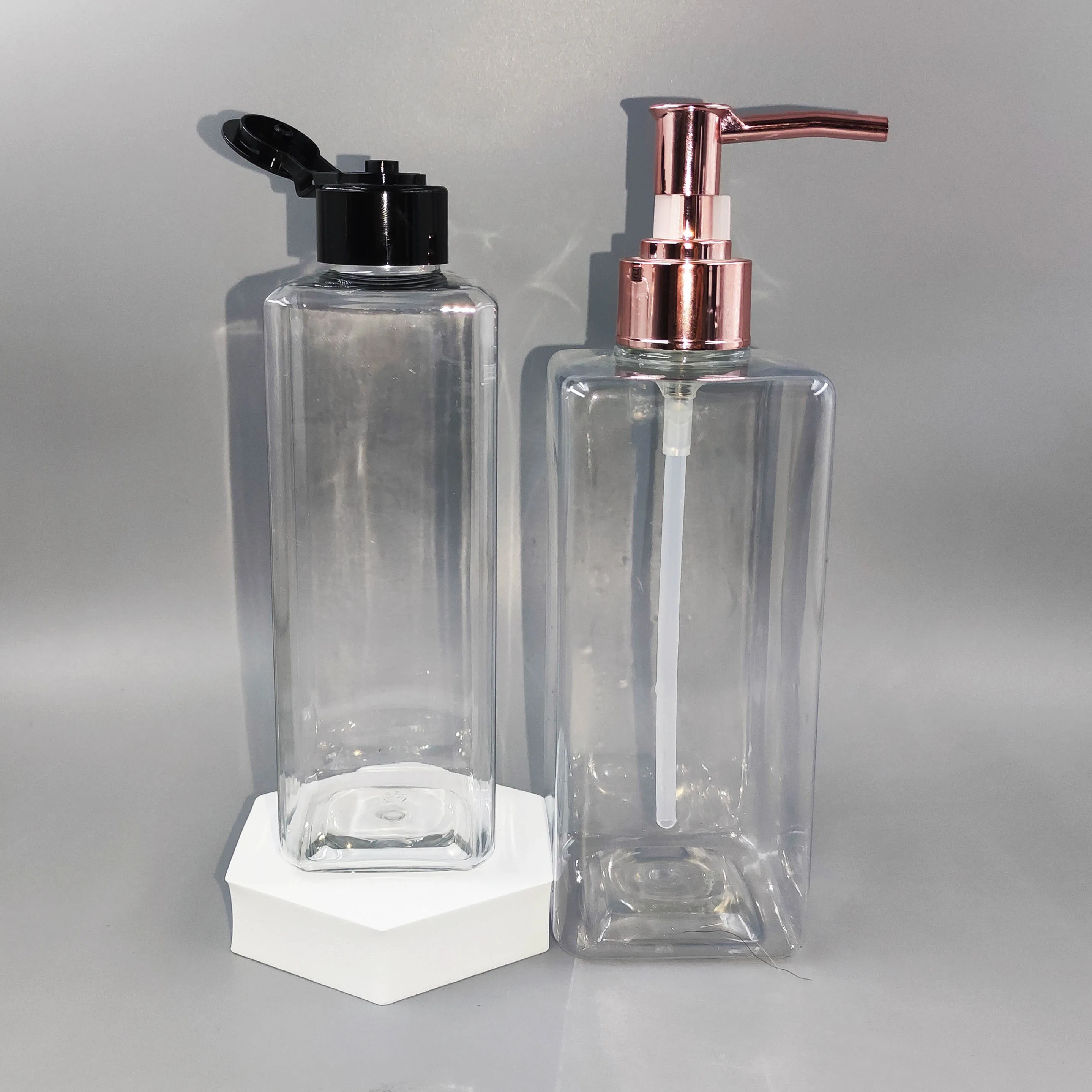 Empty custom color 500ml square transparent  body lotion liquid soap shampoo dispenser PET plastic bottles suppliers