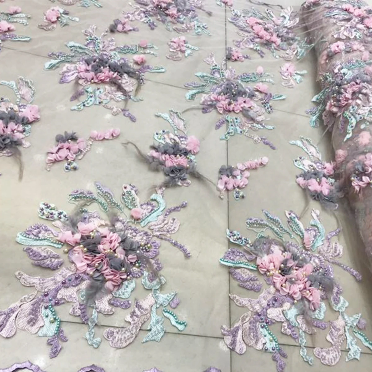 Elegant Yellow 3D Handwork Flowers Embroidery Designs Beaded Fabric Wholesale Price Beautiful French Sequins Clothing Lace Tulle