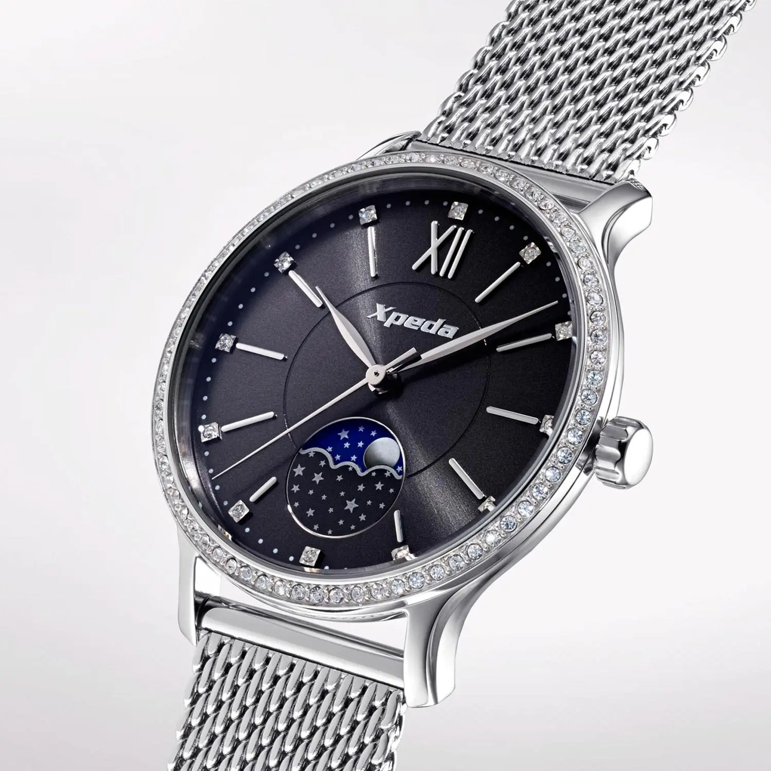 
TC798E1 stainless steel quartz analog SS mesh band pearl oyster with moon phase dial curved AR mineral glass watch for lady 