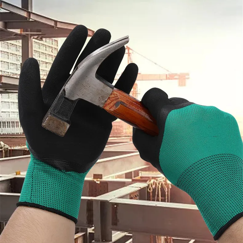 Guantes Guanti 13G Green Polyester Nylon Knitted Latex Crinkle Foam Dipped  Safety Industrial Latex 3/4 Half Coated Work Gloves