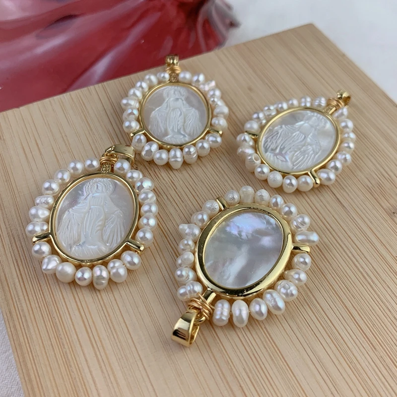 Fashion Pearl White Mother of Pearl Shell Pendant Carved Religious Virgin Mary Charm Necklace