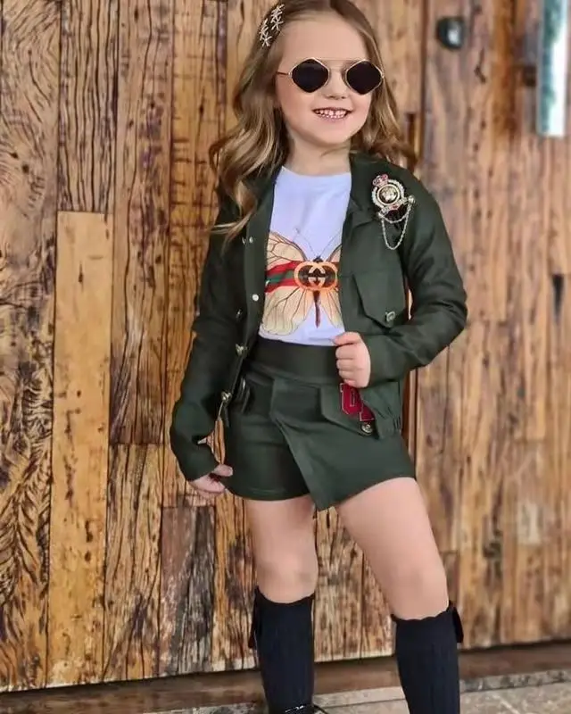 Amazon hot sale toddle girls autumn clothing set fashion long sleeve turn-down collar top + skirt pants 2pcs set