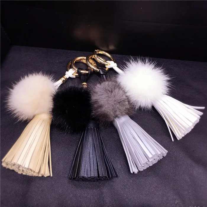 Cheap Furry Puff Ball Pink Fur Ball Heart Pom Pom Keychain For Women And Girls