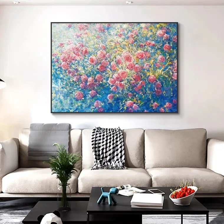 Modern Living Room Blue Pink White Beautiful Rose Flower Artwork Textured Handmade Canvas Oil Painting by Master Artist