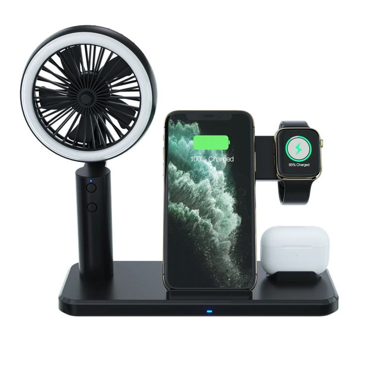 
2021 multi-function QI wireless charger station for mobile phone earphone smart watch with portable fan LED lamp 