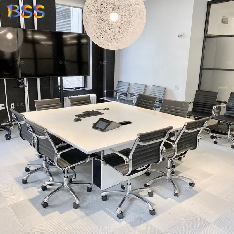 Factory Price Fantastic Customised 6ft Long 8 Chairs White Marble Top Large Square Shape Conference Table