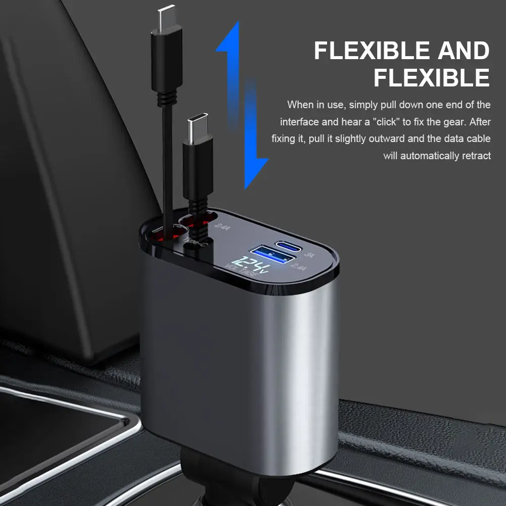 PSDA 4 в 1 Автомобильное зарядное устройство USB/Type-C кабель выдвижной шнур быстрой зарядки прикуриватель адаптер для IPhone Xiaomi Huawei Samsung