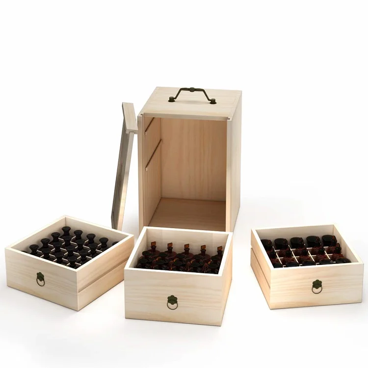 Wooden Essential Oil Box 3 Tier Oils Storage Case Holds 75 Bottles Natural Pine