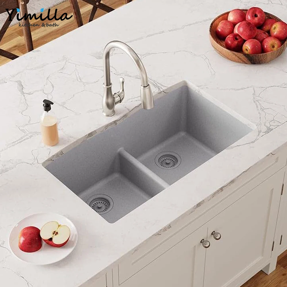 Hot sale South America CUPC/UPC sink drainer Undermount Double Equal Bowl Quartz Kitchen Sink in light grey