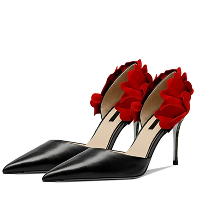 Custom Logo Large Size New Arrivals Nightclub Silk Red Sexy Back Flower Heel Dress Shoe Pointed Toe Thin High Heel Women Pumps