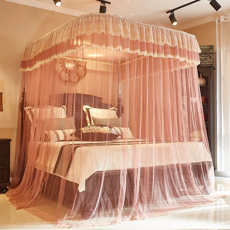 Fashionable Double Bed Romantic Square Guide Rail Lace Embroidery Adult Baby Mosquito Net