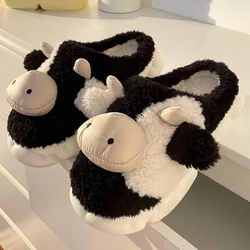 Korean Version Casual Cute Cartoon Milk Cow Cotton Female Winter Students Home Non-Slip Warm Wool Plush Slippers Shoes