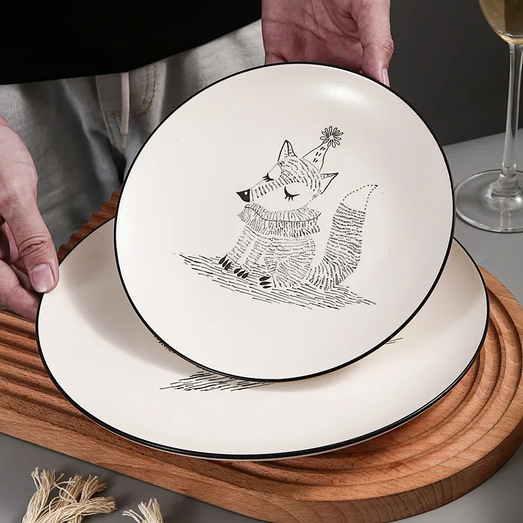 Restaurant Steak Pasta Plates Unique White Dining Plate Sets Squirrel Embossed Ceramic Charger Dinner Plate