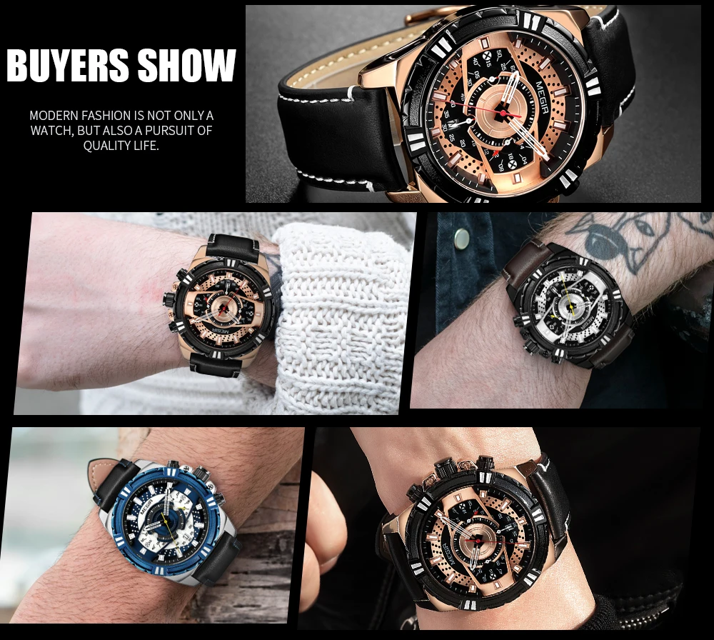 MEGIR 2118  Men Blue Leather Strap Sports Casual Watches Waterproof Luminous Wristwatch Man Relogio Masculino Clock