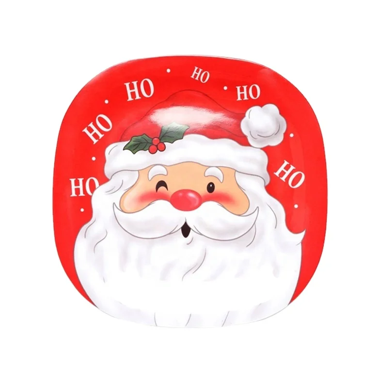 Classic salad dessert melamine dinner plates custom logo OEM square cookie plastic christmas santa plate for restaurant home